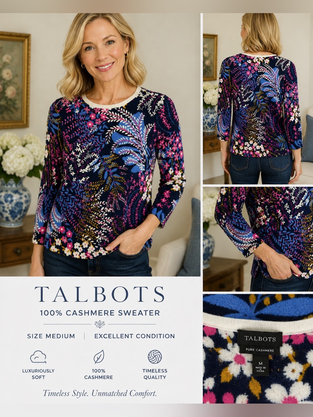 Talbots Pure Cashmere Floral Sweater Women’s M Navy Pink Blue 3/4 Sleeve